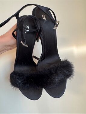 ZARA Black Fur-Trim Strappy Heels